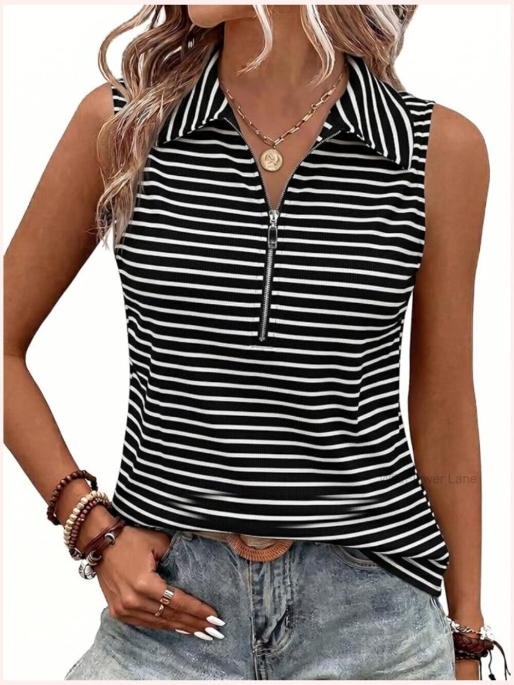 Sleeveless Zipper V Neck Ribbed Tank Top Blouse